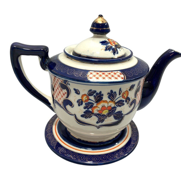 Vintage Moriyama Ceramic Teapot & Resting Plate Cobalt Red Gold Gilded Japan - Picture 1 of 11